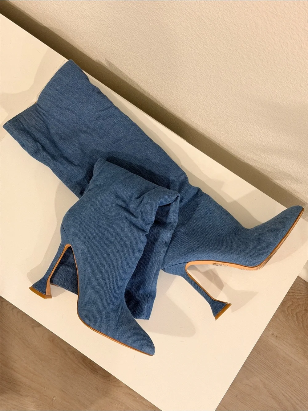 Blue denim half-calf boots with pointed toe
